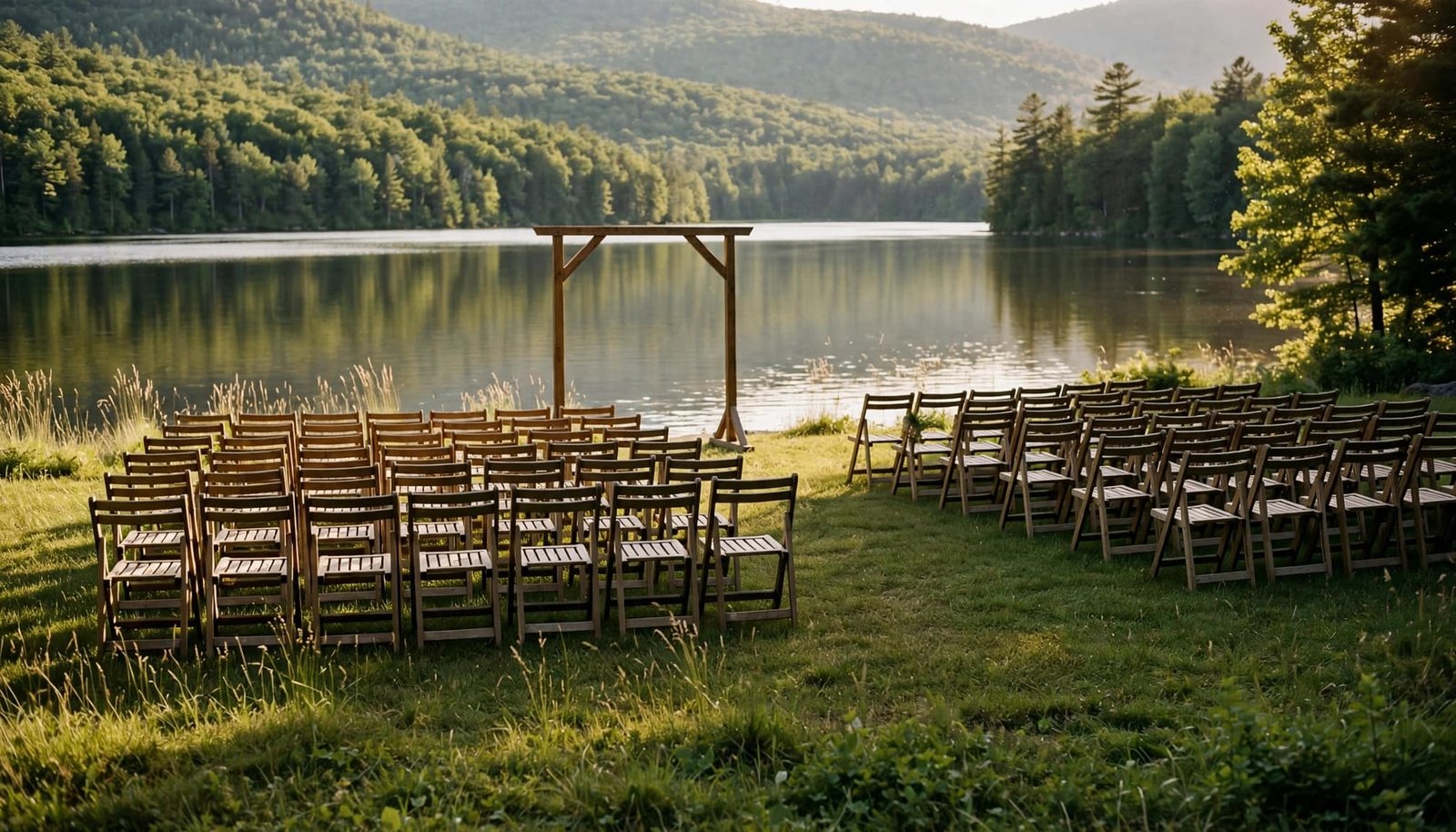 An empty wooden wedding arch and rows of chairs on a grassy lakeside shore.