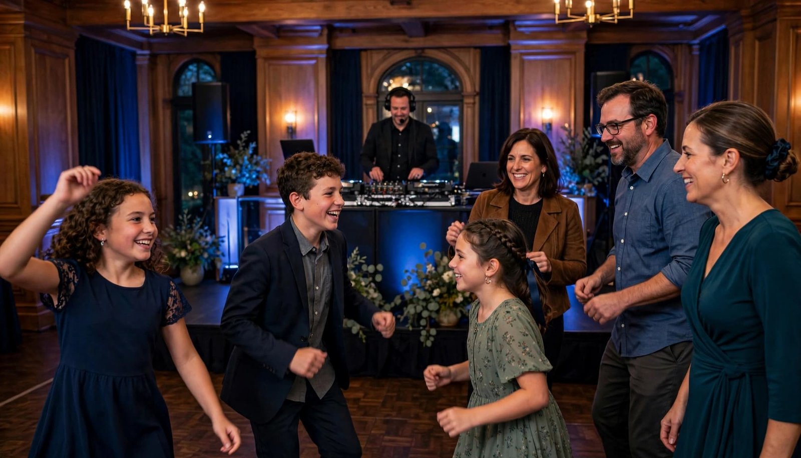 Guests dance in a warmly lit event hall as a DJ and MC stand behind them.