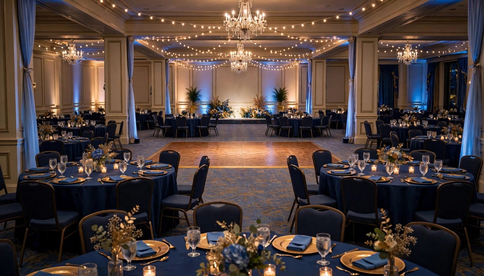 An empty hotel ballroom with decorated tables, a central dance floor, and warm lighting.
