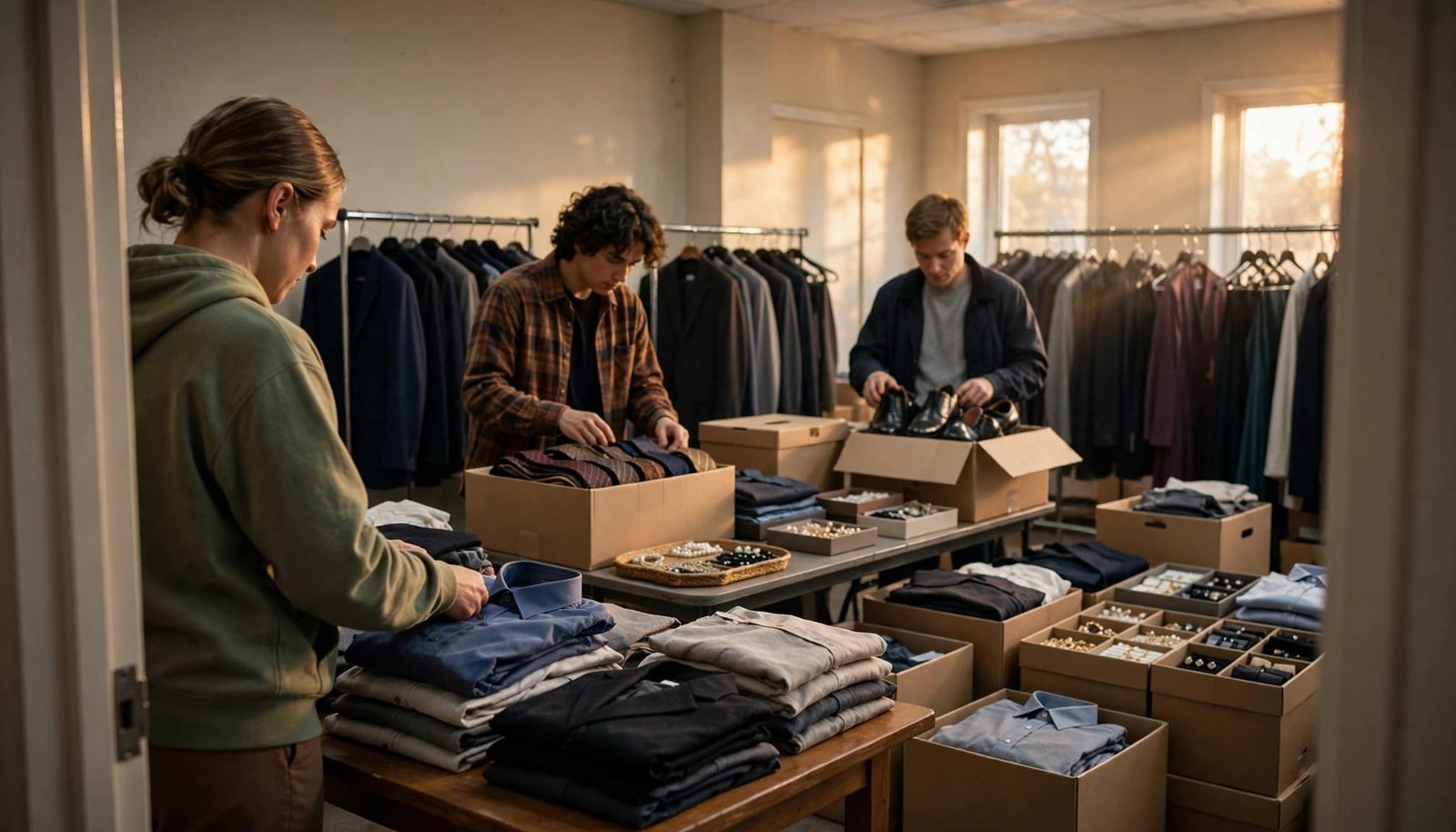 Three volunteers sort donated clothes, shoes, and accessories in a community room.