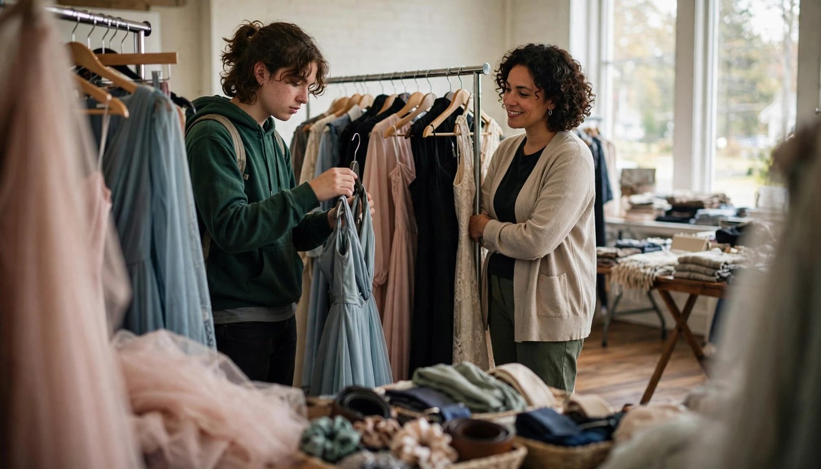 A student chooses a formal gown while a volunteer stands beside a clothing rack.