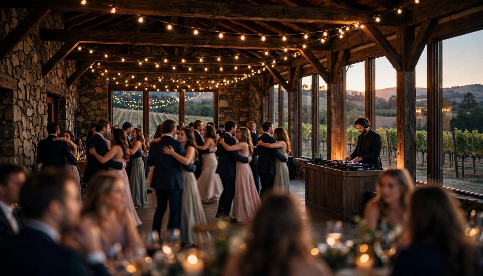 Couples dancing at a winery wedding reception with string lights.
