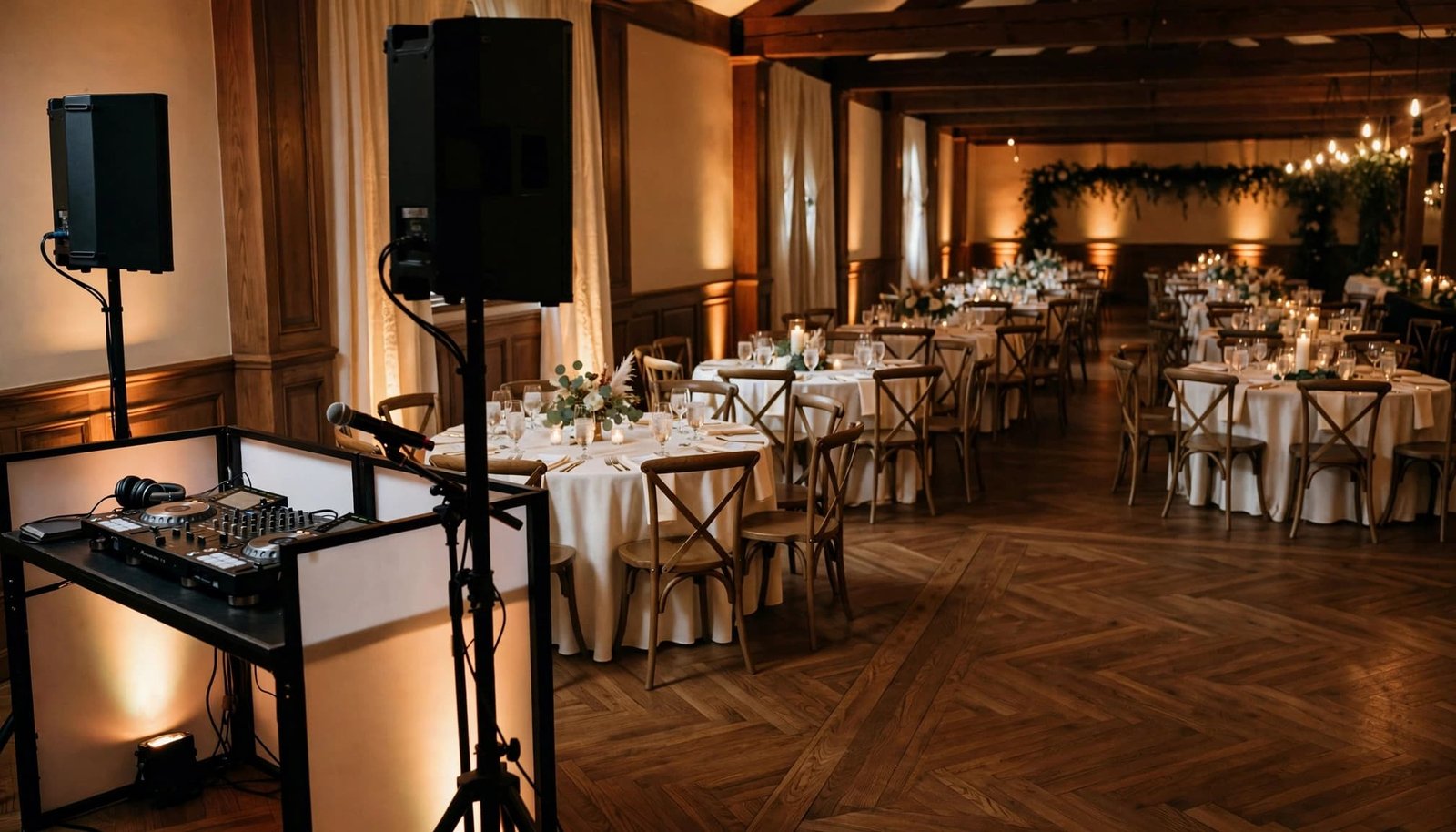 A DJ setup beside a ready dance floor in a warmly lit reception room.