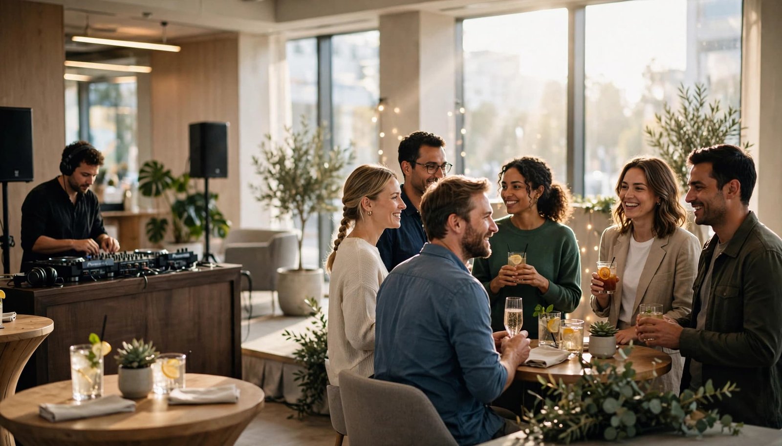 Six coworkers mingle near a stage and DJ booth in a bright event room.