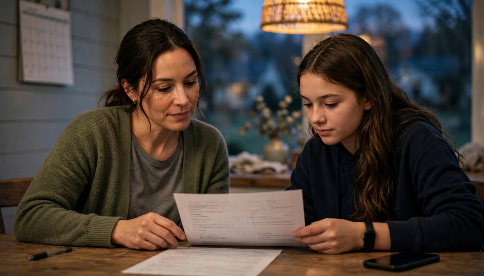 A parent and teen review a form beside a calendar, pen, and phone.