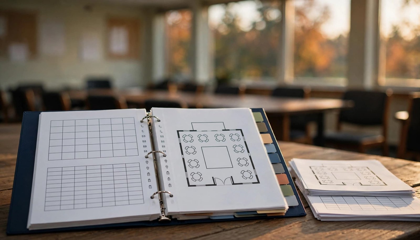 An open prom planning binder and papers on a table in an empty school conference room.