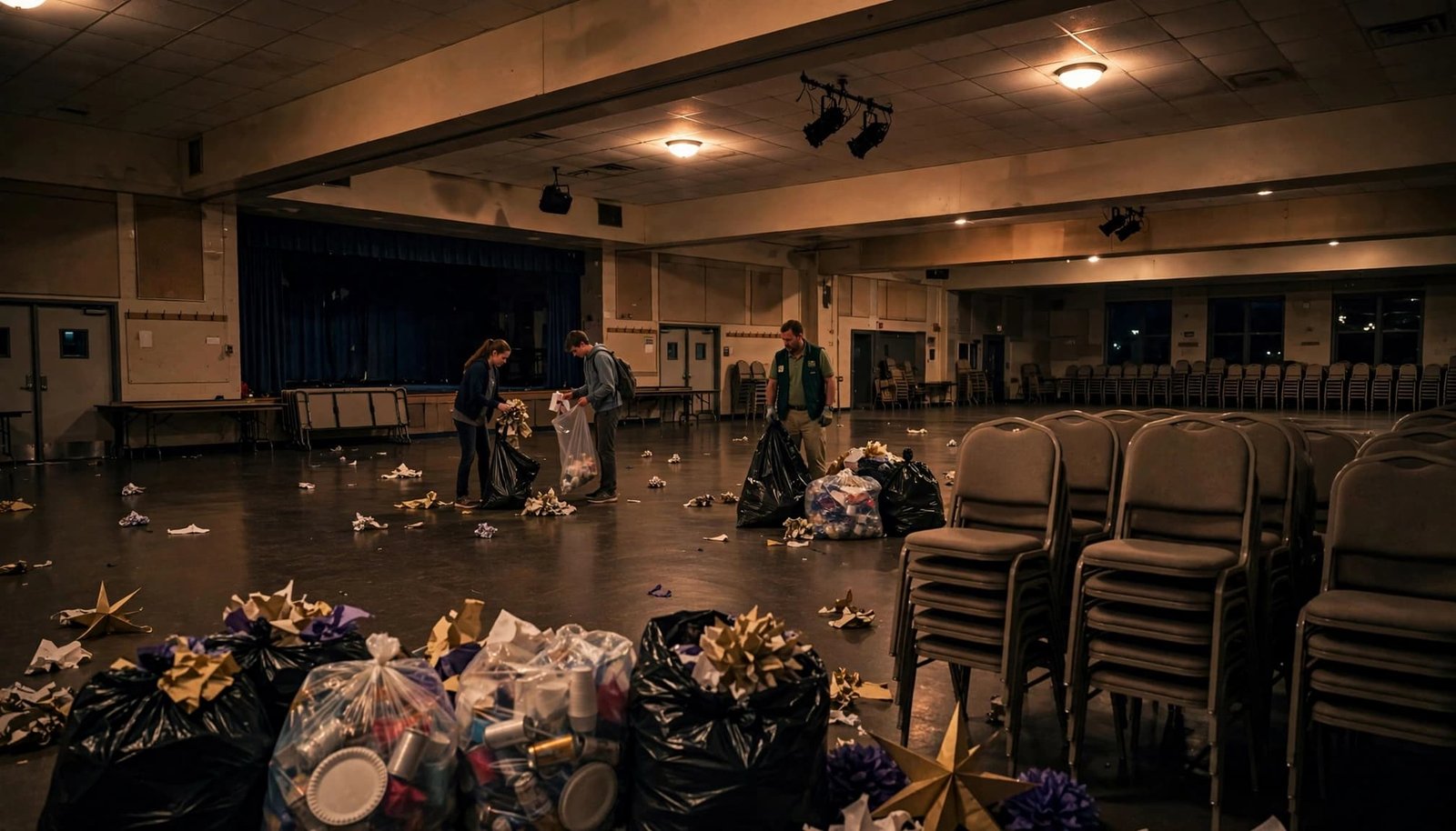 Three people clean up a large, dimly lit gymnasium hall filled with stacked chairs and bags of trash.