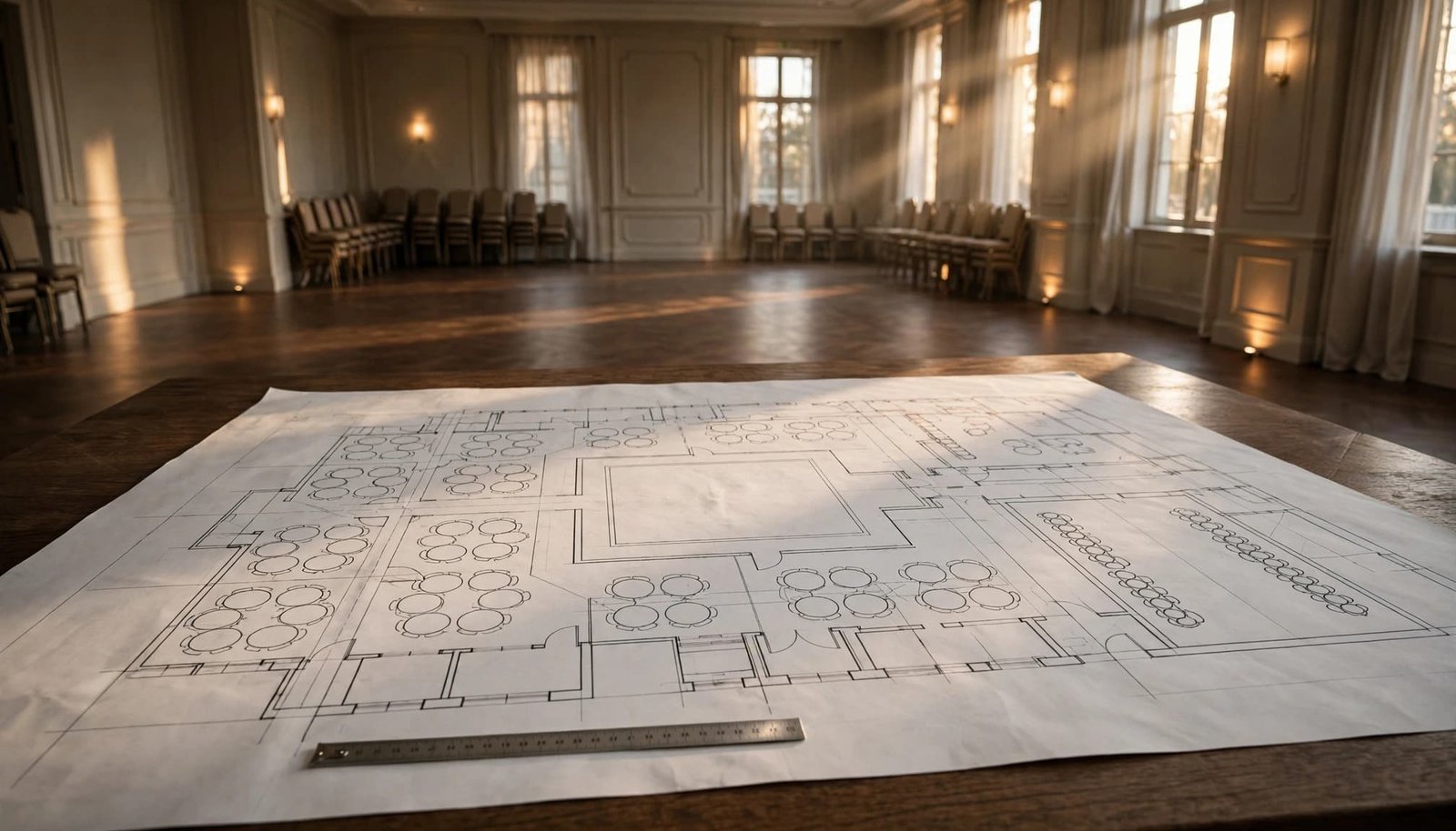 Prom Room Capacity: A School Ticket-Cap Checklist An unmarked prom floor plan and measuring scale on a table in an empty ballroom.