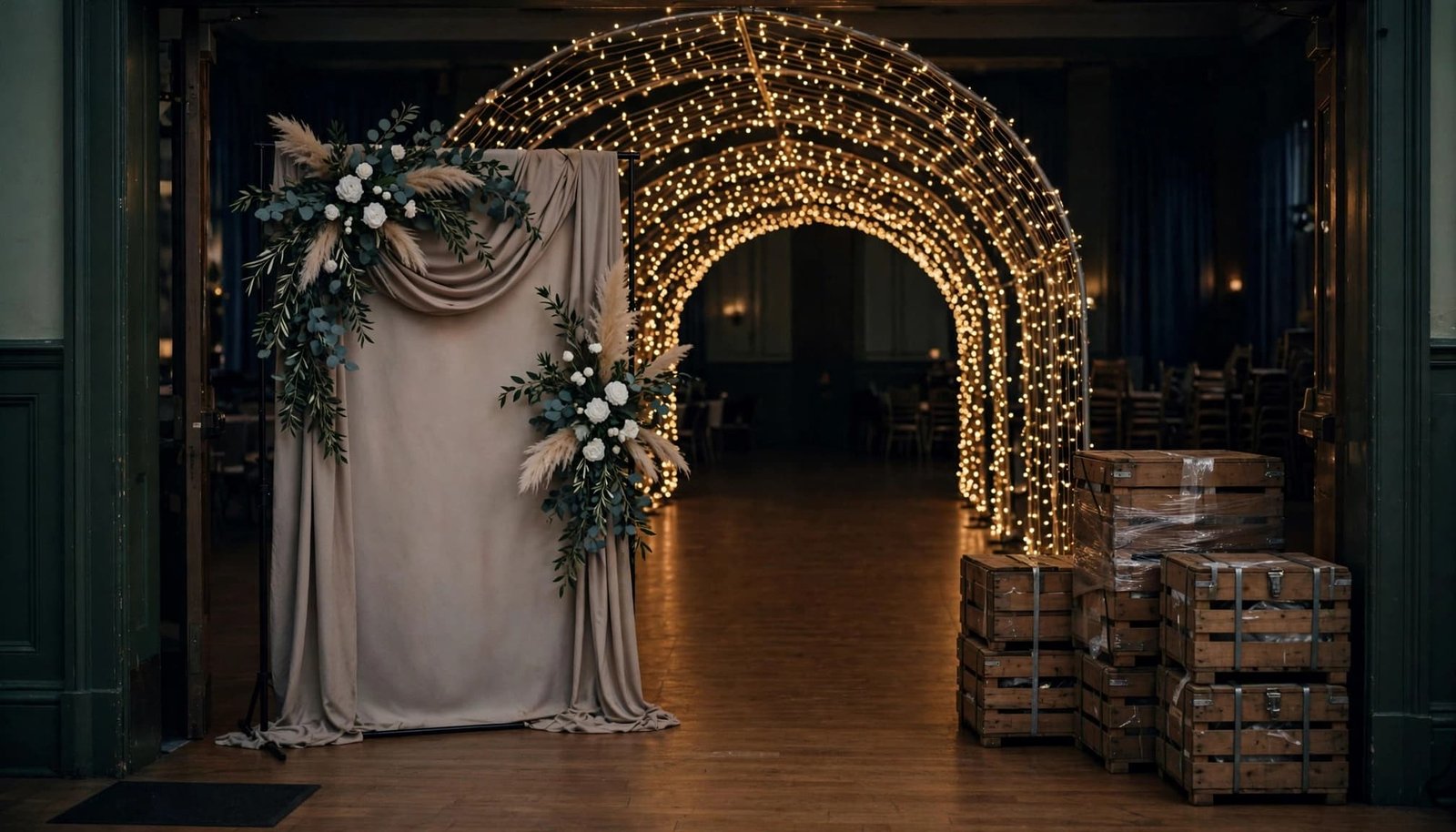 Prom Decor Rental Checklist: Delivery, Setup, Returns A ballroom entrance features a photo backdrop, a twinkle-light tunnel, and stacked wooden crates.