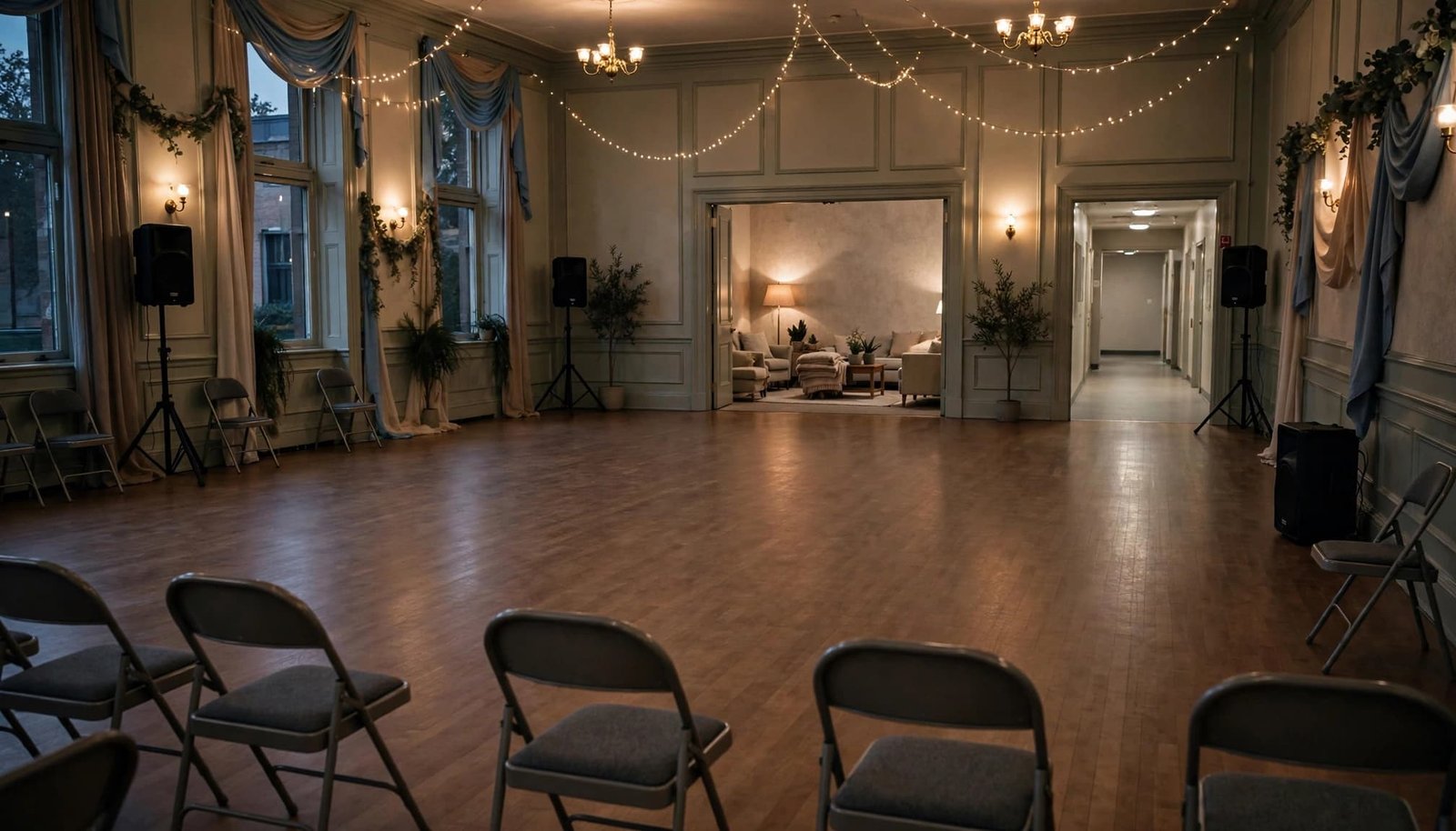 An empty decorated ballroom with chairs, string lights, speakers, and an open doorway to a quiet lounge.