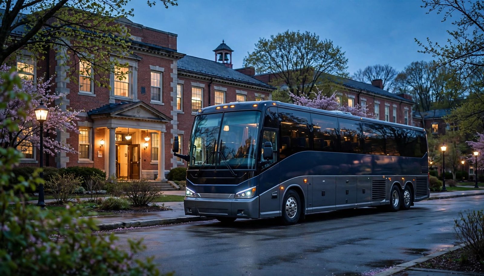 A charter bus waits outside a warmly lit high school entrance at dusk.