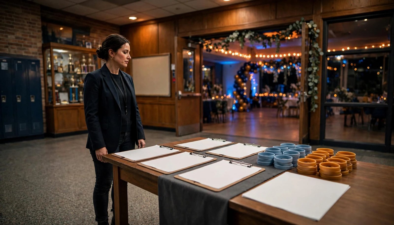 A staff member stands beside a prom check-in table in a softly lit school foyer.