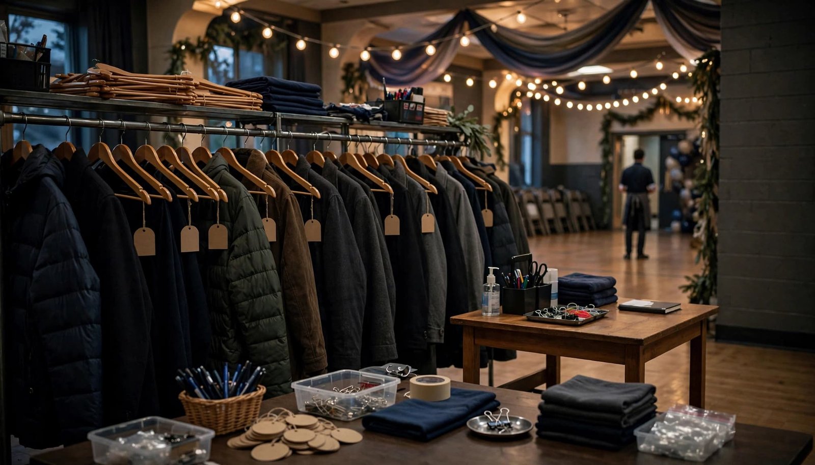 Winter coats and claim tags line a staffed coat check station before prom.