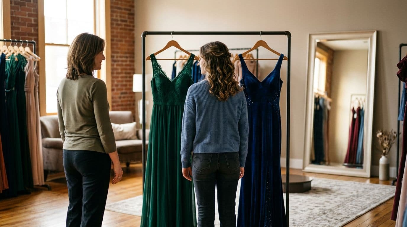 A person looks at two formal dresses hanging on a rack in a boutique while a parent watches.