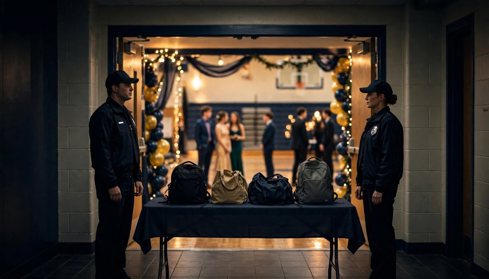 Two security officers stand beside a table with bags outside a gym decorated for prom.