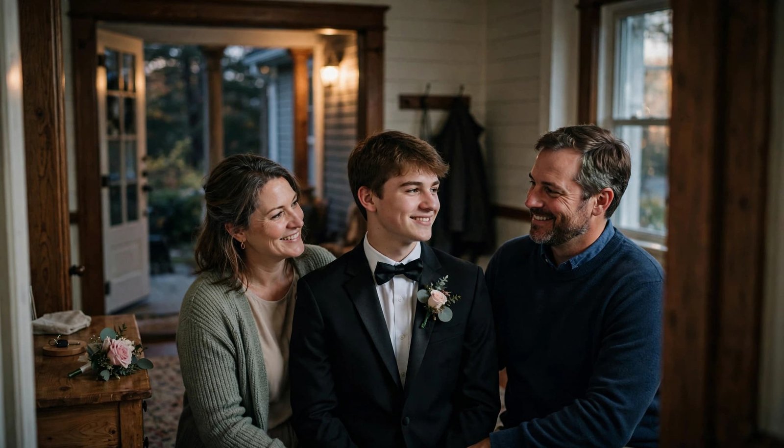 What Families Need Before New Hampshire Prom Night A high school student in a tuxedo stands between two smiling family members in an entryway.