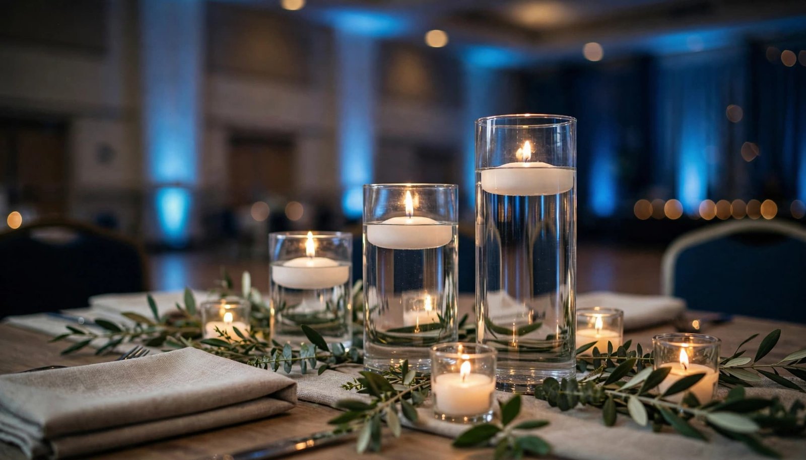 Prom Decor Rental Checklist: Delivery, Setup, Returns A table centerpiece with floating candles in glass vases and green foliage.