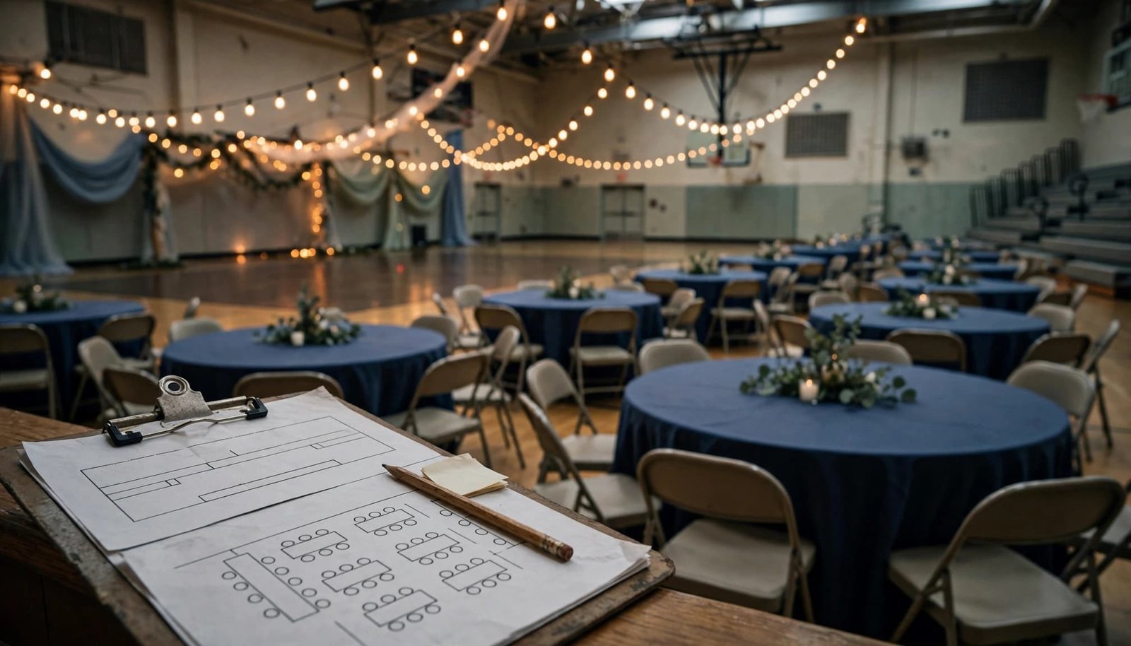 A clipboard sits beside the decorated, empty gym and dance floor.