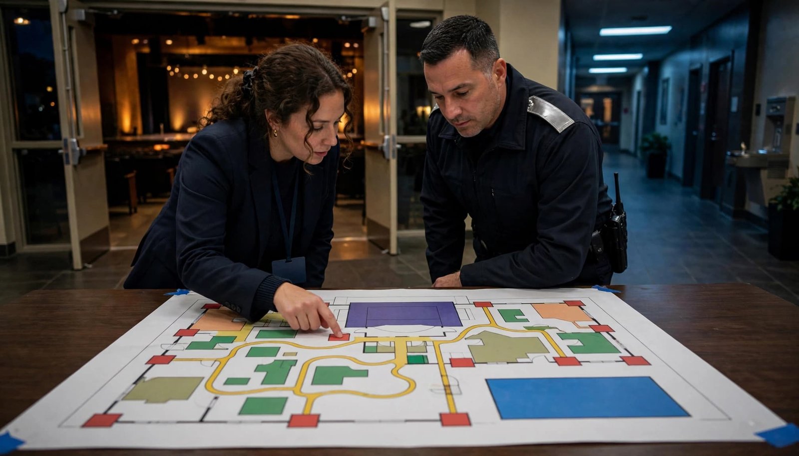 A woman and a security officer review a colorful venue floor plan on a table.