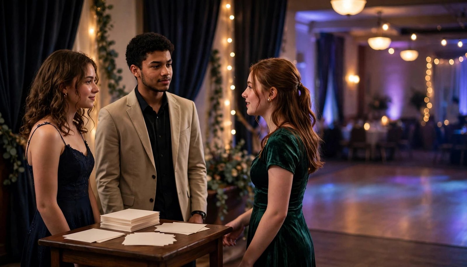 Three students talk beside blank cards at a prom, with the dance floor behind them.