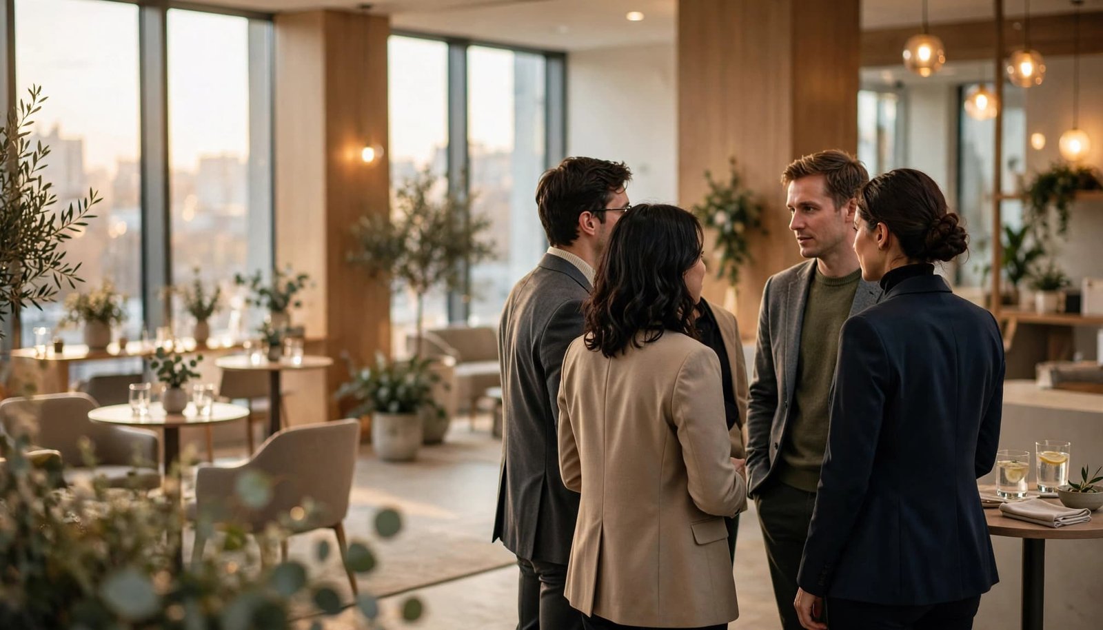 A recruiter talks with three candidates in a warmly lit company reception.