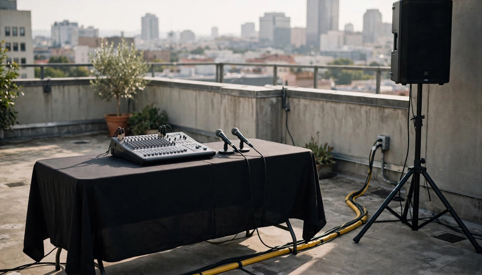 A table with an audio mixer and microphones on a rooftop terrace, with a speaker and city skyline background.