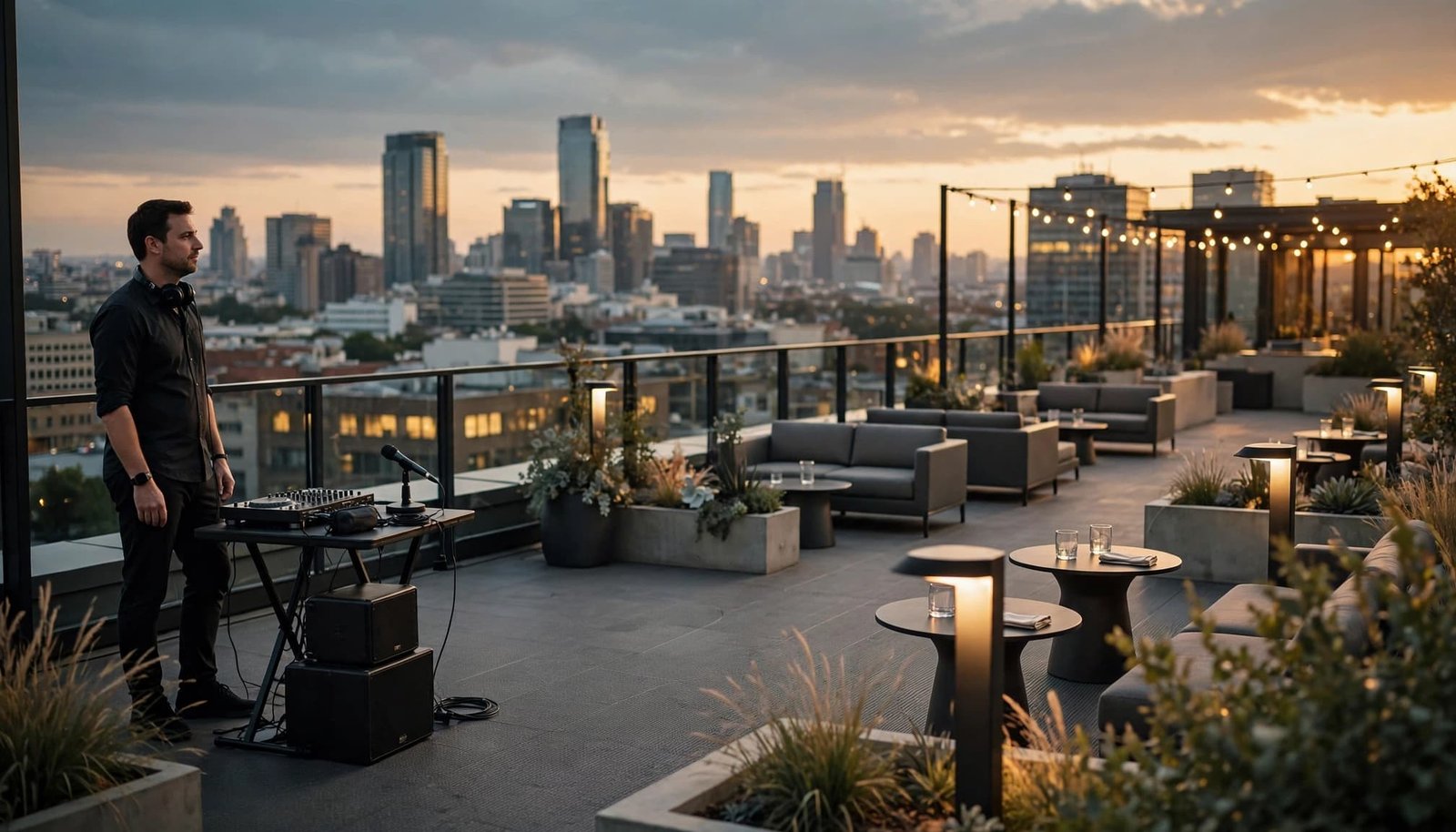 A professional DJ standing at a sound table on a modern rooftop terrace at sunset.