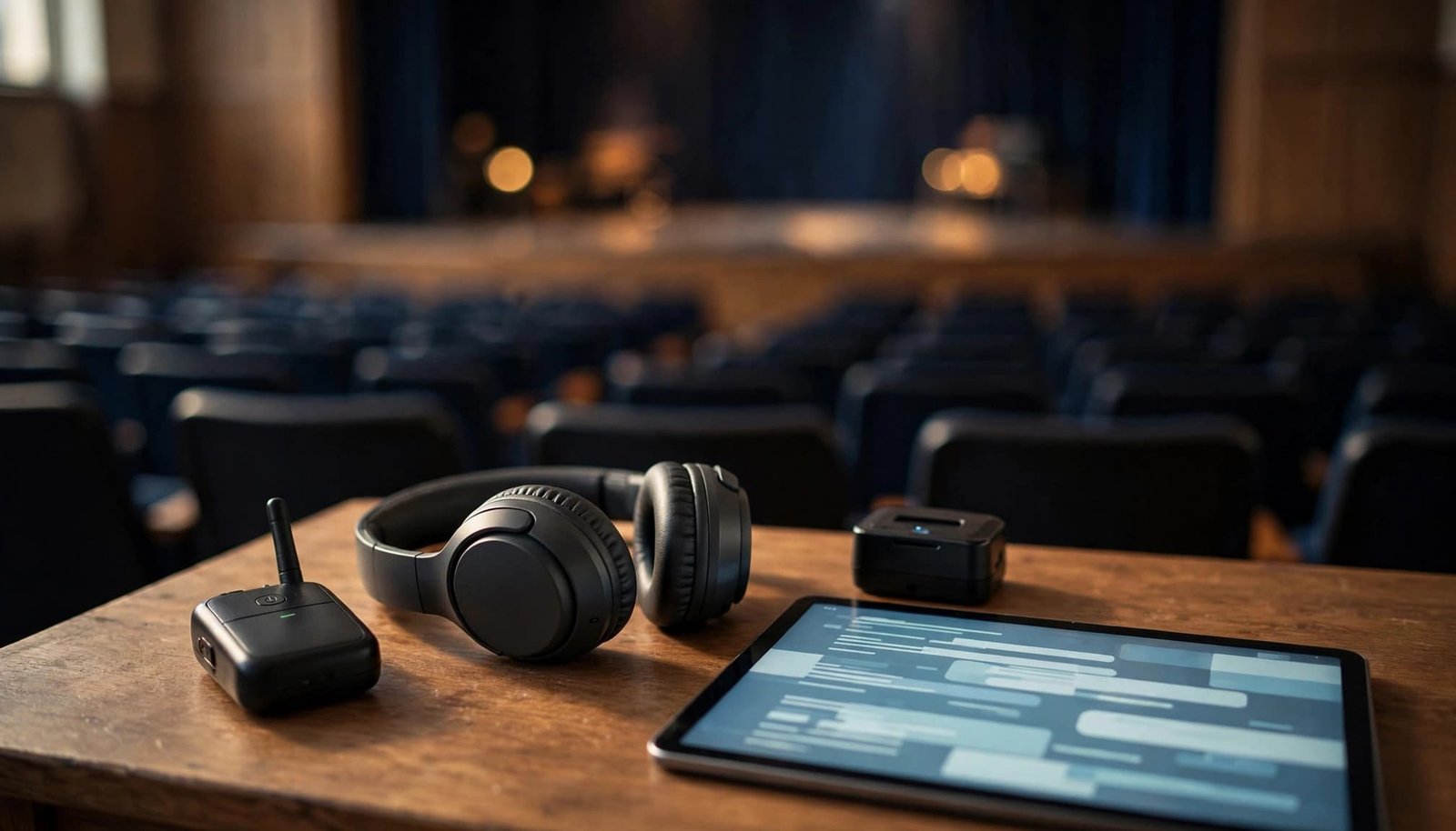 Assistive listening devices and a tablet with abstract captions on a wooden table inside an auditorium.