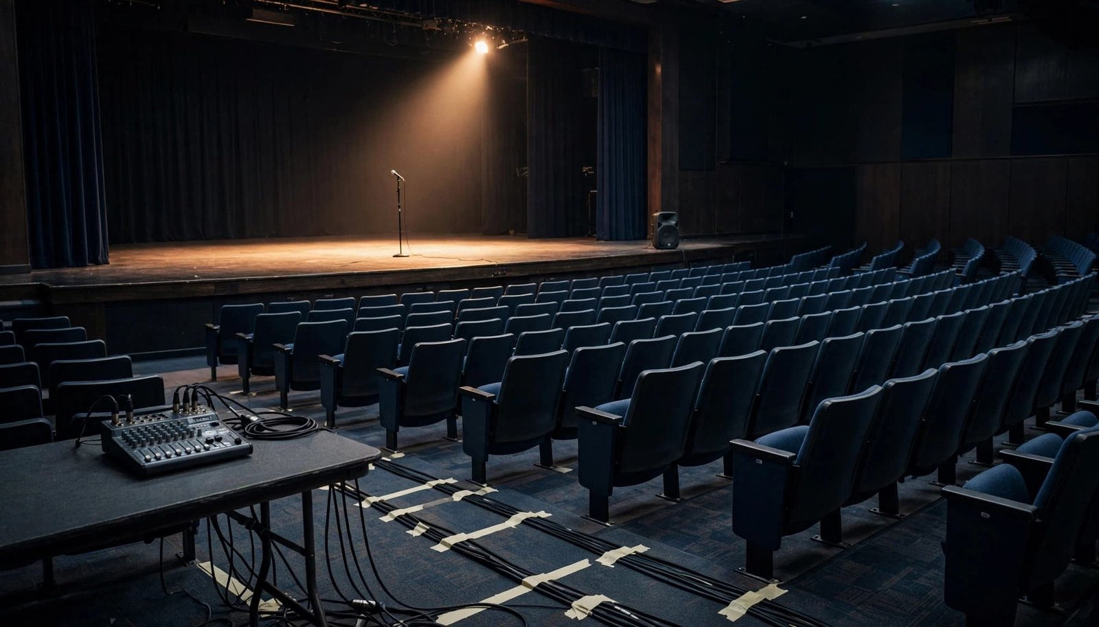 An empty auditorium with a microphone on stage, an audio mixer in the foreground, and rows of seats.