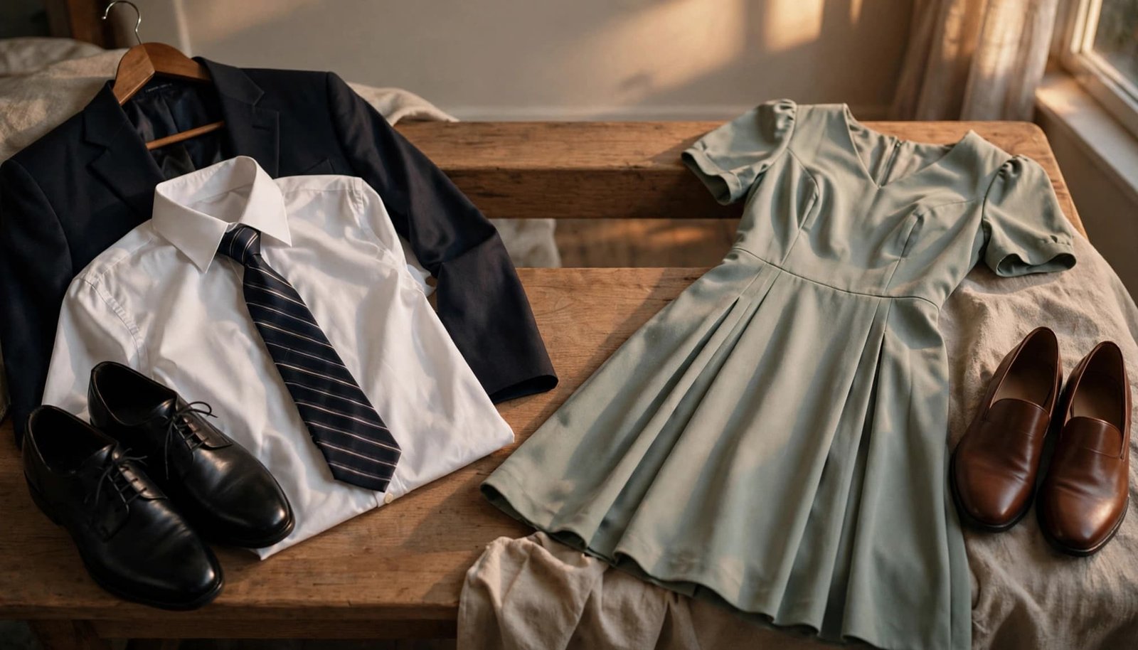 A flat-lay of formal and semi-formal clothing including a suit jacket, white shirt, tie, dress, and shoes.