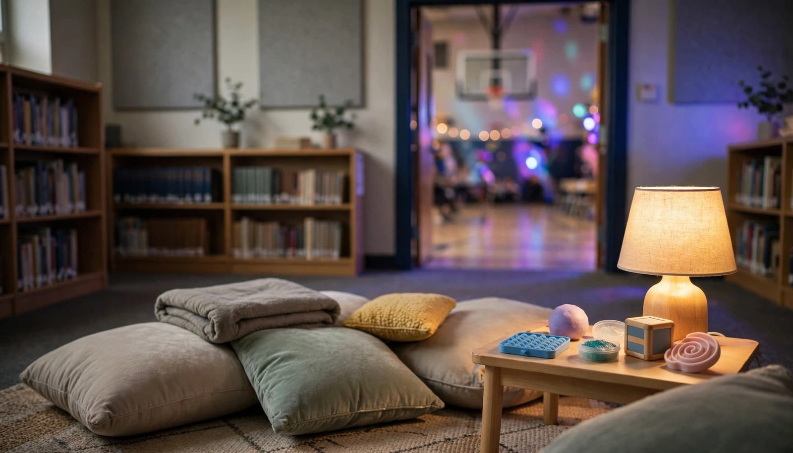 Elementary School Family Dance Guide for NH PTOs Cushions, fidget objects, and a warm lamp sit near a doorway to a colorful dance.