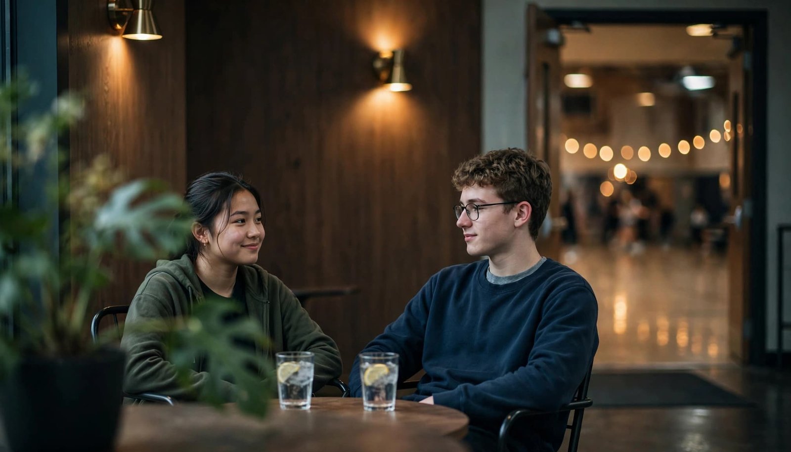 Two students sit at a small table with water cups in a quiet chill zone near a gym.