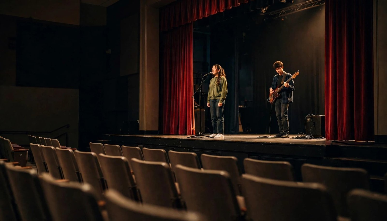 A singer and a bassist perform on a brightly lit auditorium stage.