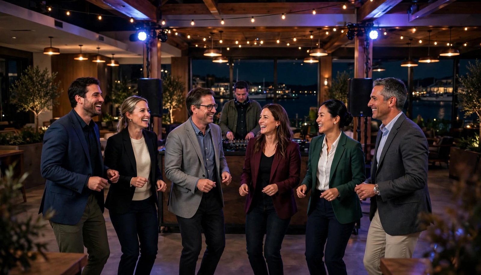 Six colleagues dancing happily at a corporate event with a DJ in the background.