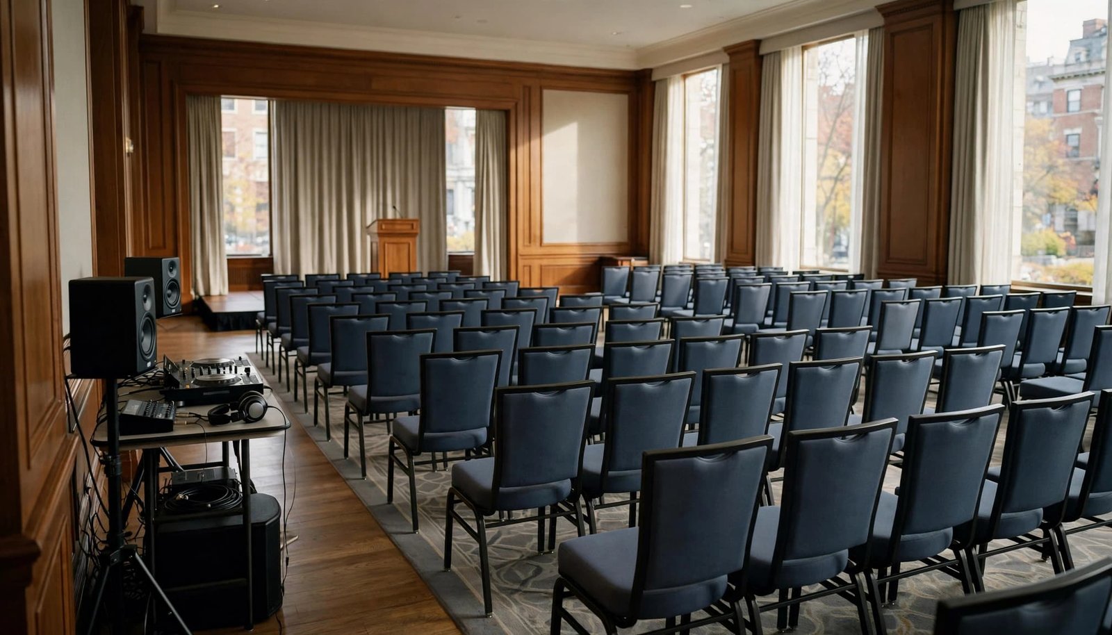 A formal conference room with rows of chairs, a stage with a lectern, and a compact sound setup on the left.
