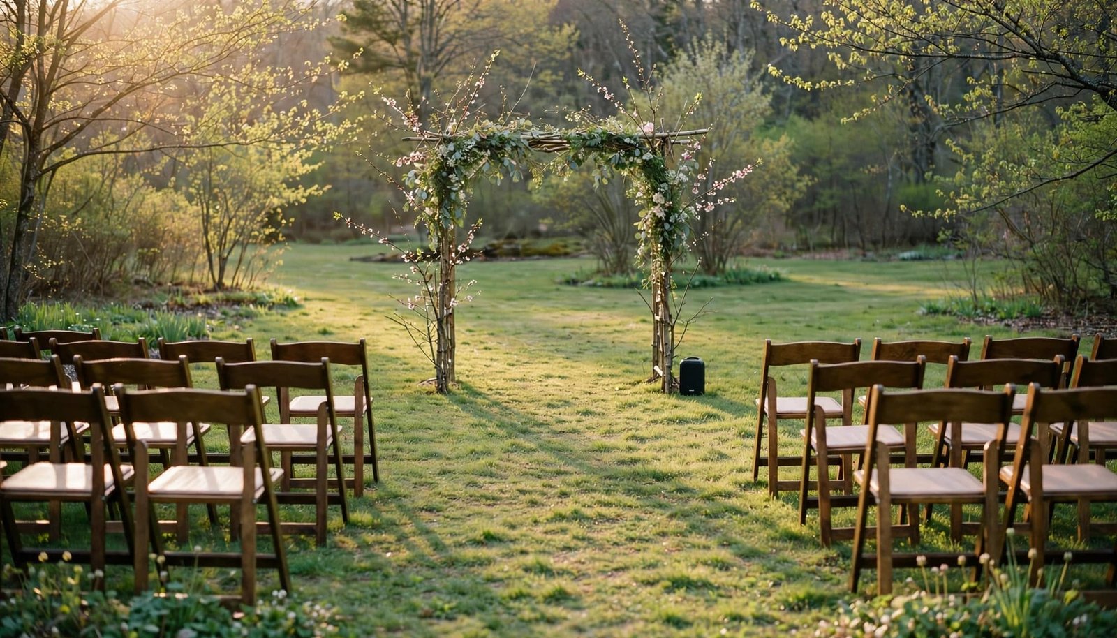 New Hampshire Wedding DJ Planning for Spring An outdoor spring wedding ceremony setup with rows of wooden chairs and a floral arbor.