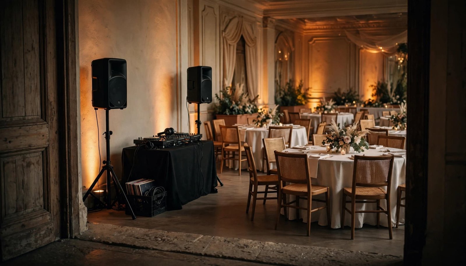A DJ setup with speakers and a table inside an elegant reception room with round tables.