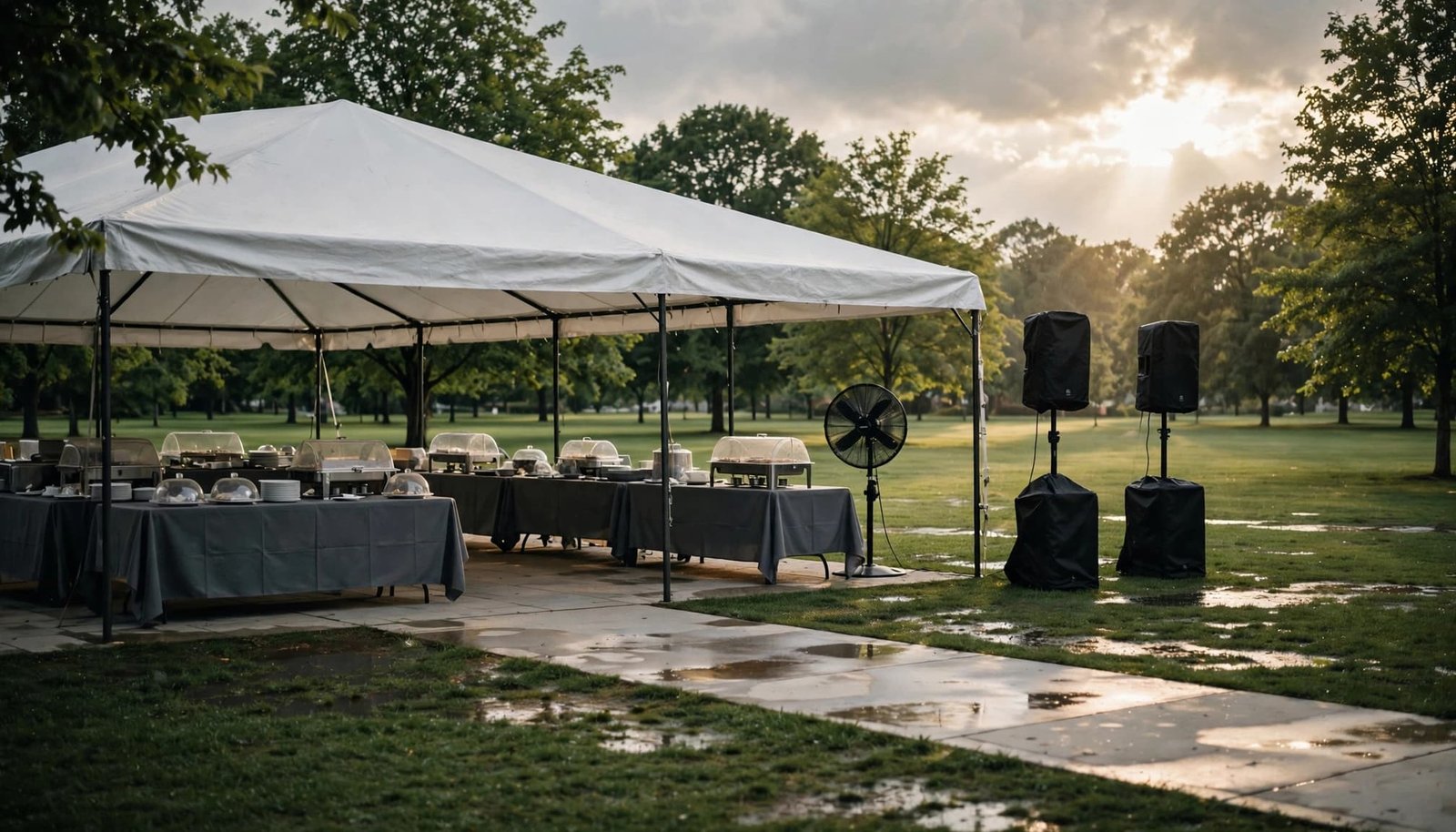 An outdoor event tent, buffet tables, fan, and sound speakers in a park.