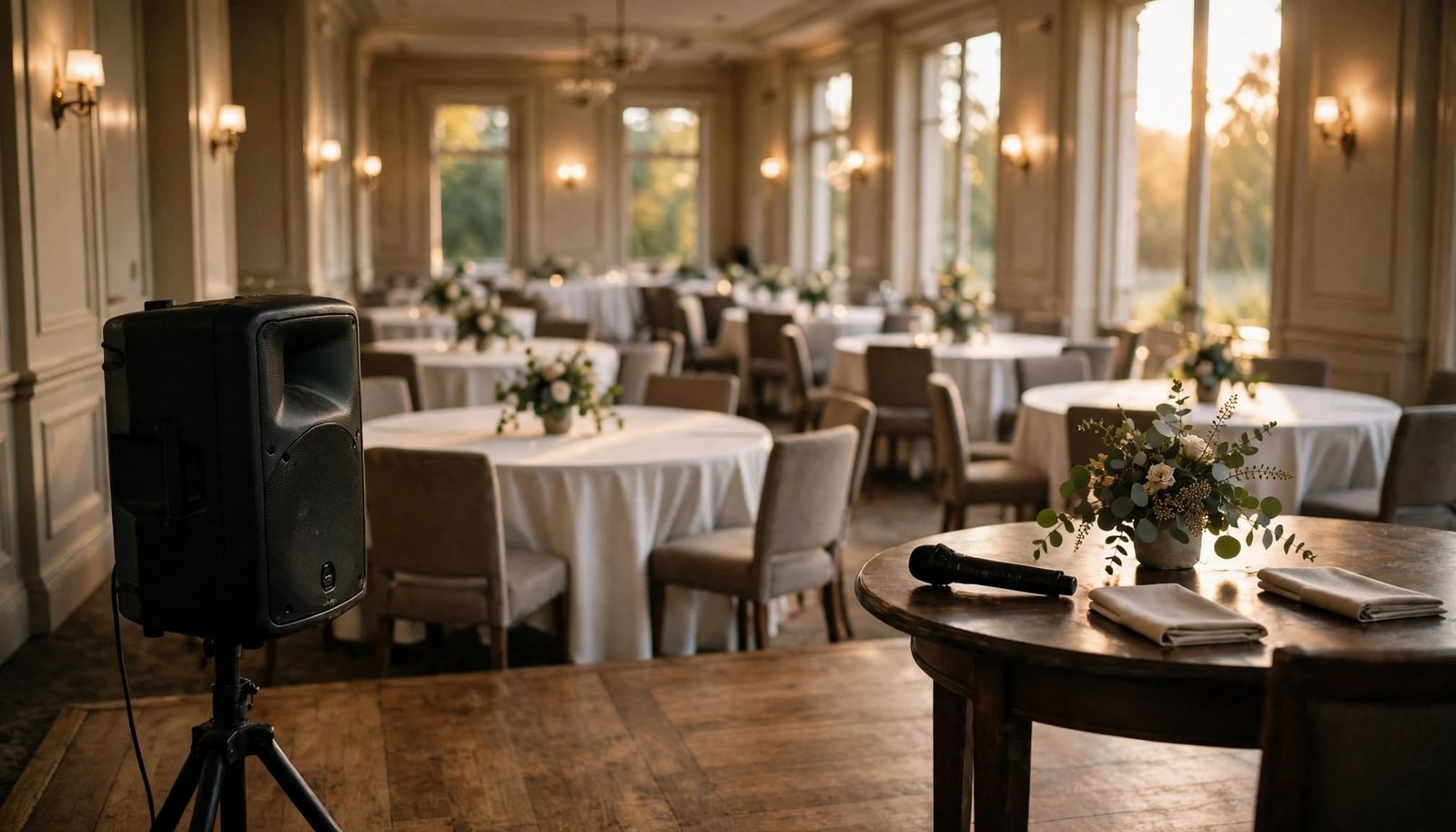 A wedding reception room with round tables, a speaker on a stand, and a microphone on a small table.
