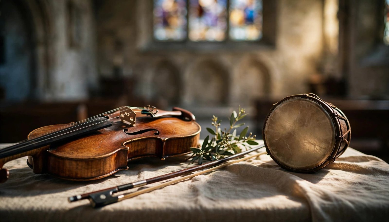 Interfaith Wedding Music: Questions to Resolve First A violin, bow, and small drum rest on a table in a bright chapel.