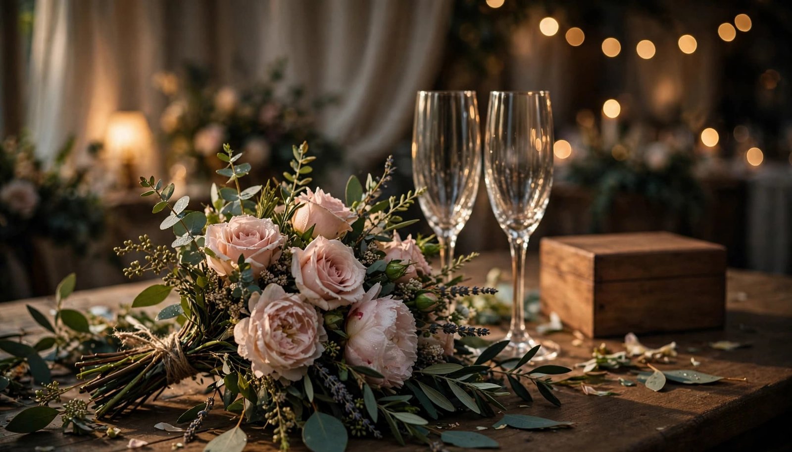 Plan a Wedding Anniversary Dance Guests Can Join A bouquet, two champagne flutes, and a keepsake box sit on a table near warm ballroom lights.