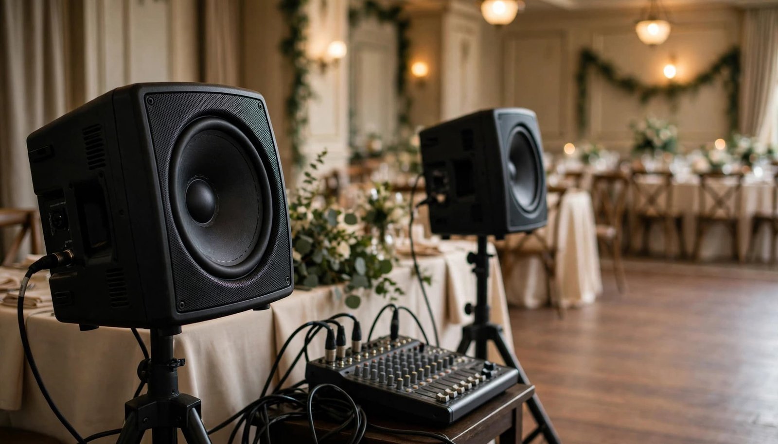 Two powered loudspeakers on stands and an audio mixer in an elegant wedding reception venue.