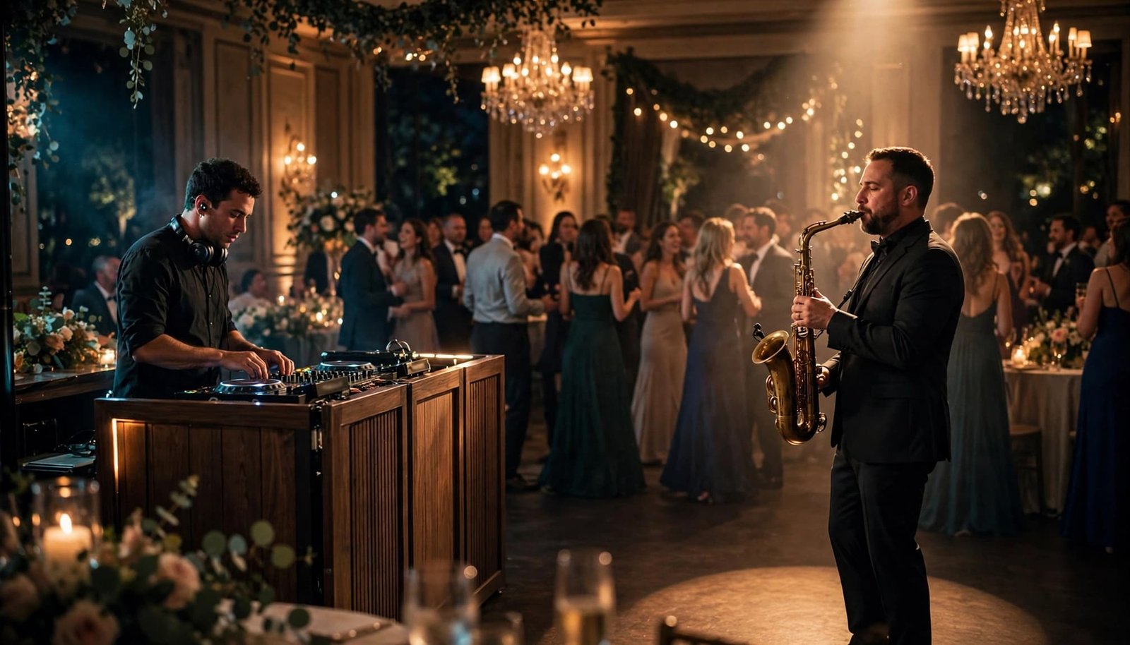 A DJ and saxophonist perform as wedding guests dance in the background.