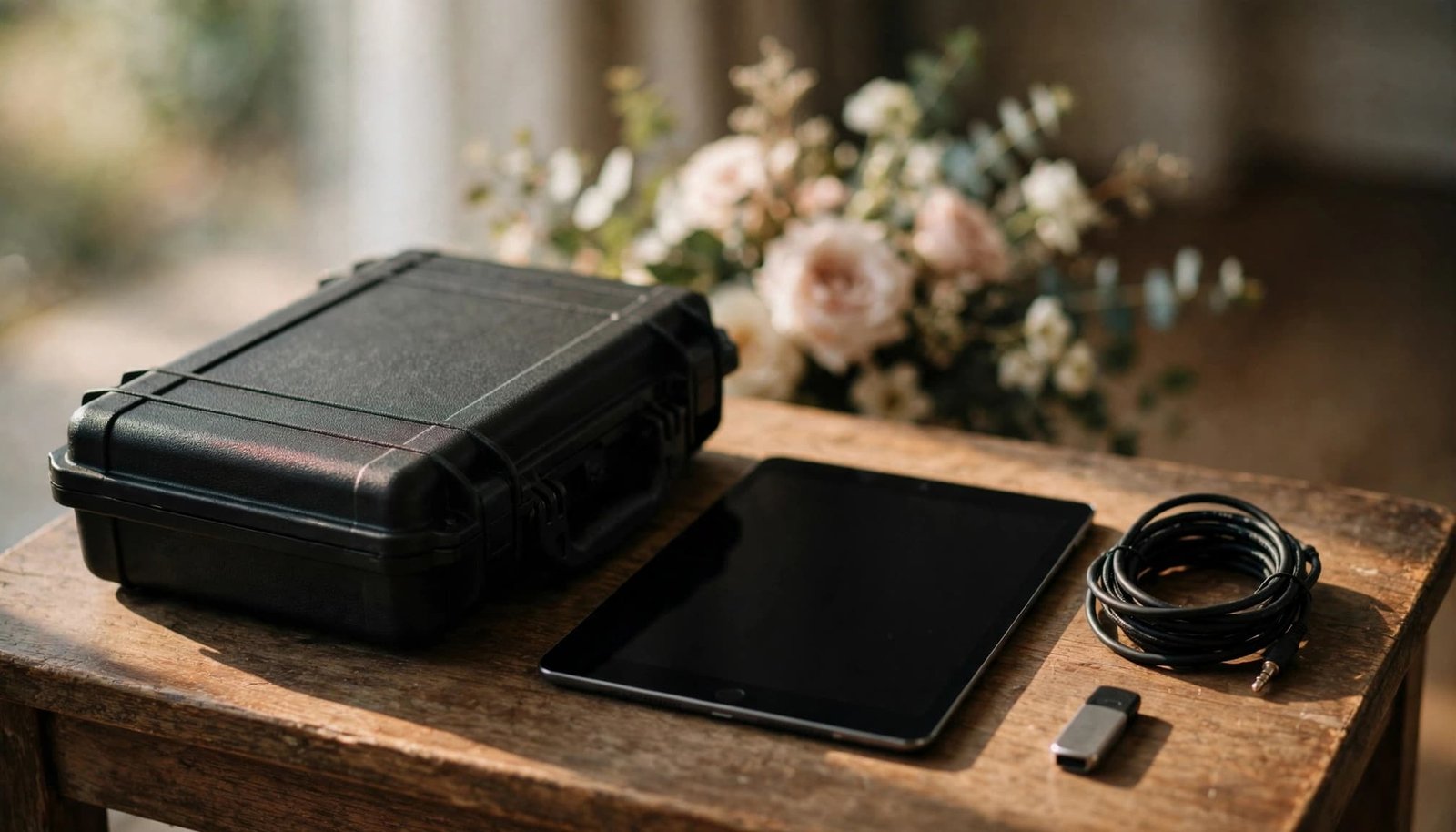 A black protective case, a tablet, coiled audio cables, and a USB drive on a wooden table.