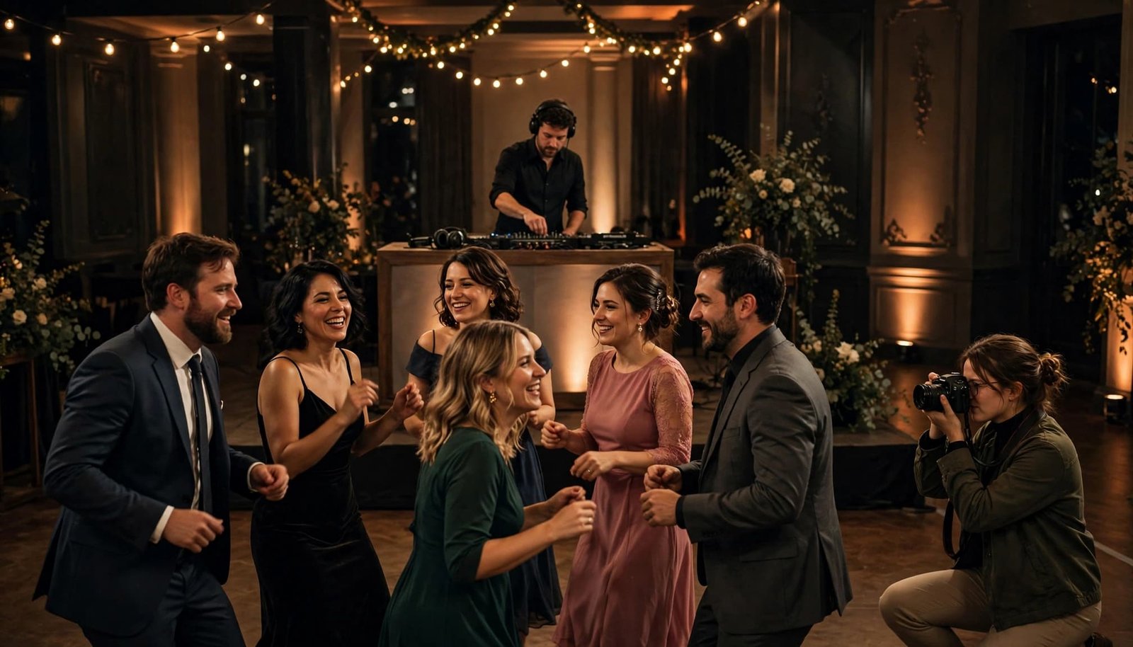 Wedding DJ Timeline: Coordinate With Your Photographer Guests dancing at a wedding reception while a DJ plays music and a photographer takes pictures.