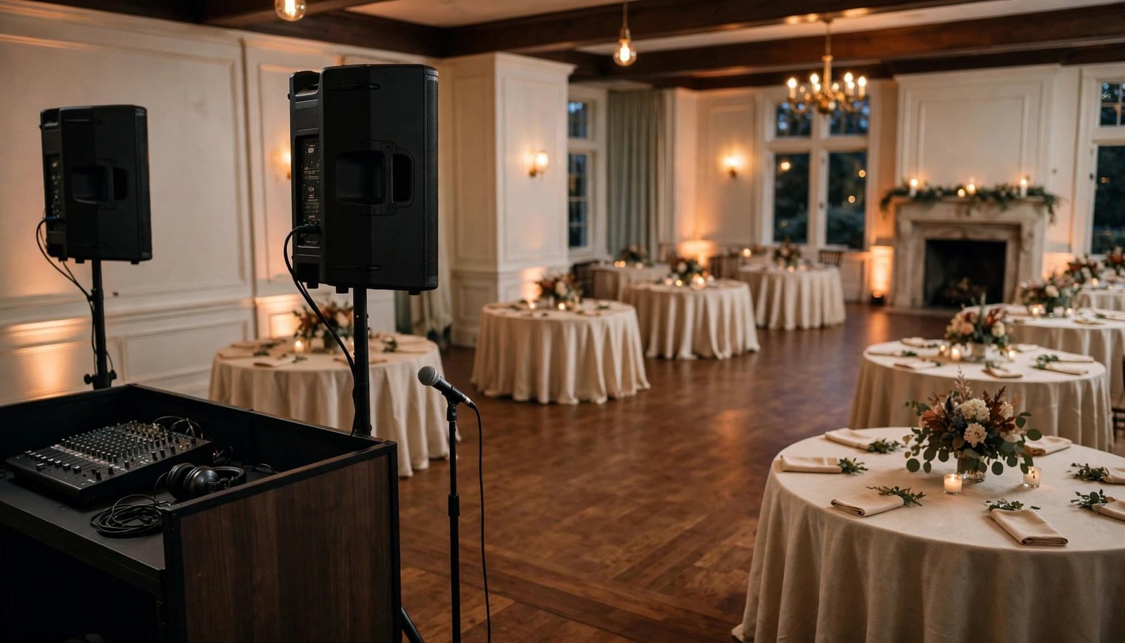 Catholic Wedding Music: Mass and Reception Planning An empty wedding reception room with round tables and a DJ setup in the foreground.