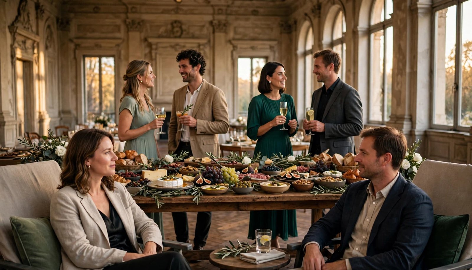Six adults mingle by a buffet as others sit in a sunlit lounge area.