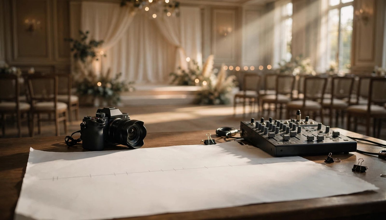 Wedding DJ Timeline: Coordinate With Your Photographer A camera, an audio mixer, and a blank paper timeline on a wooden table in an empty ballroom.