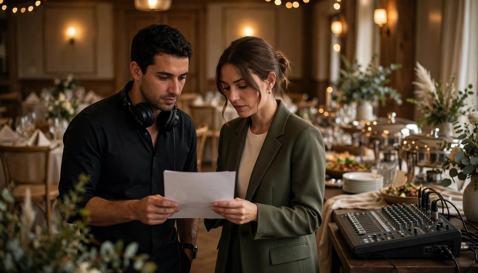 A DJ and coordinator review a sheet beside a sound console before the reception.