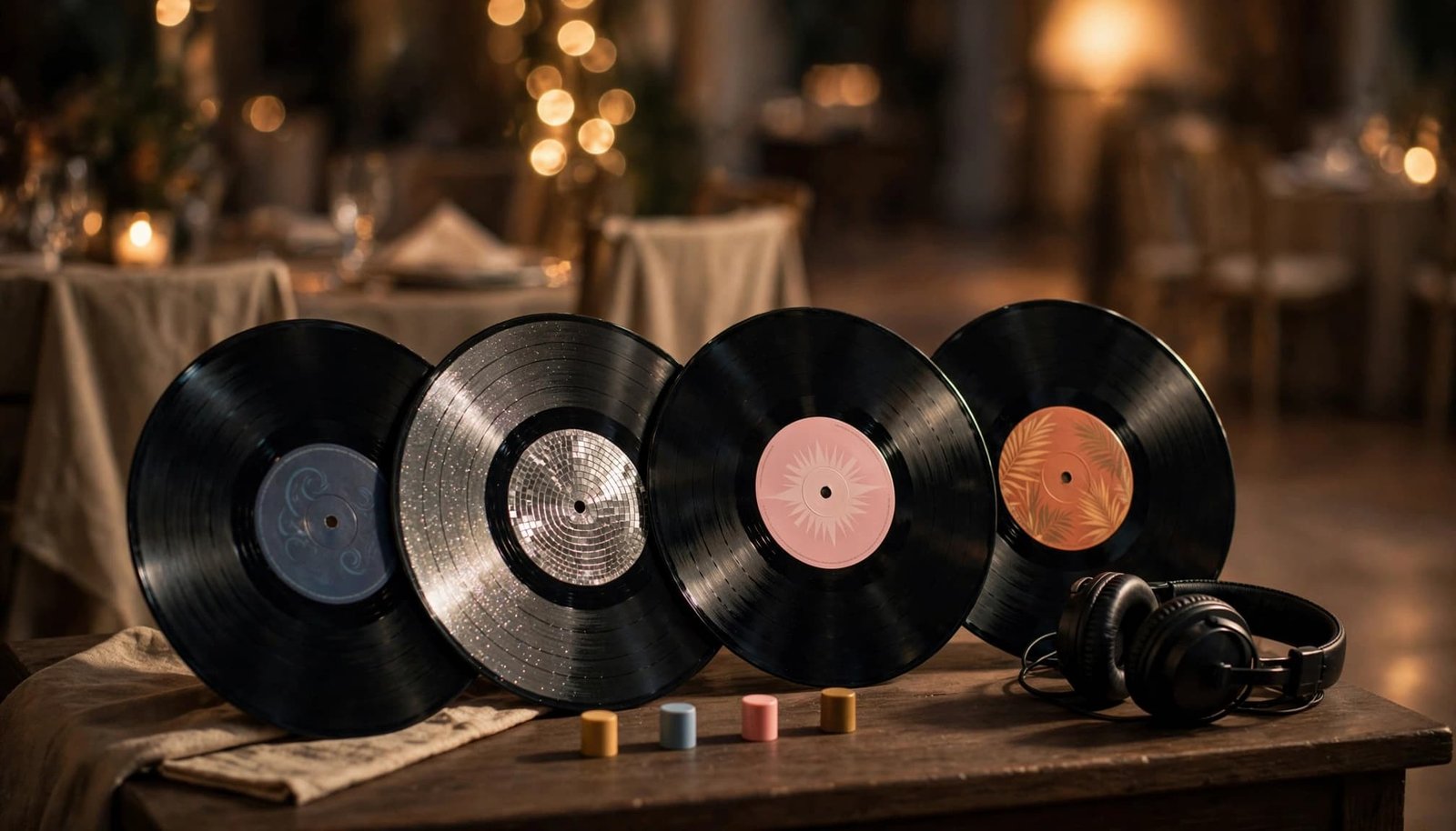 Four vinyl records and headphones rest on a wooden table in front of a warm reception background.